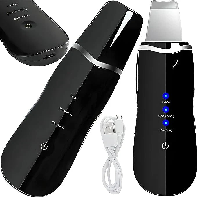 Espátula exfoliadora de piel: dispositivo espátula exfoliadora ultrasónica negra mostrado desde múltiples ángulos, con un cable de carga USB blanco, con tres indicadores de modo y un botón de encendido