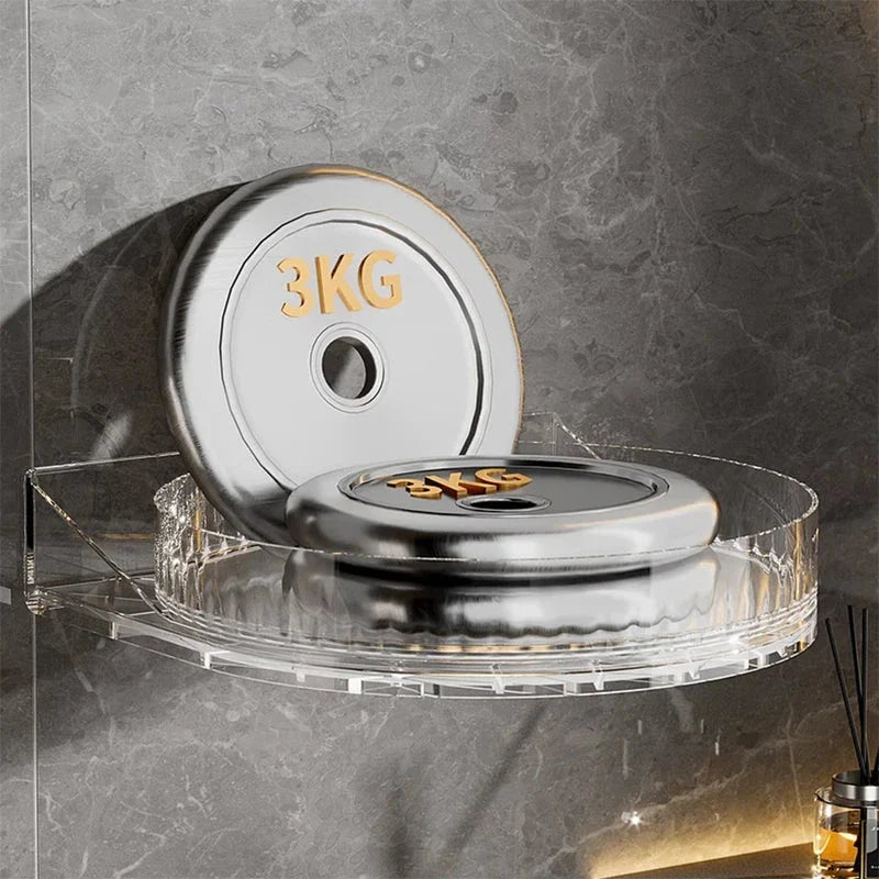 Clear corner wall-mounted shelf holding two 3KG weight plates, with a spice rack cabinet mounted on a marble wall.