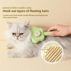 Stainless Steel Pet Comb - Close-up of a hand brushing a silver longhair cat with a green flower-shaped pet brush, with inset of 10mm comb teeth