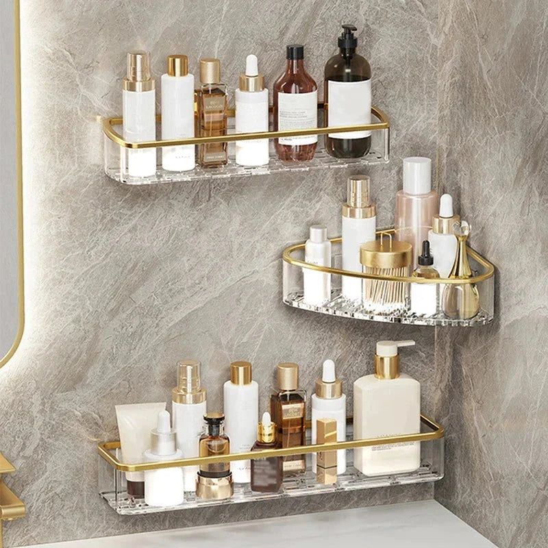 Floating Shelf - Bathroom wall installation holding skincare and beauty products on a gray marble-patterned wall