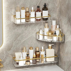 Floating Shelf - Bathroom wall installation holding skincare and beauty products on a gray marble-patterned wall