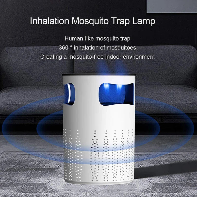 Electric Fly Trap Lamp - White mosquito trap lamp with two side windows emitting blue light, shown on floor in front of a couch.