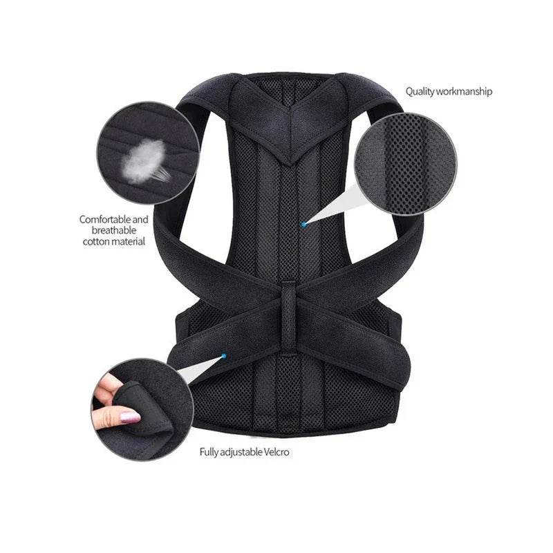 Sleeveless Tank Top - Black posture corrector with callouts showing breathable material, adjustable straps, and workmanship details