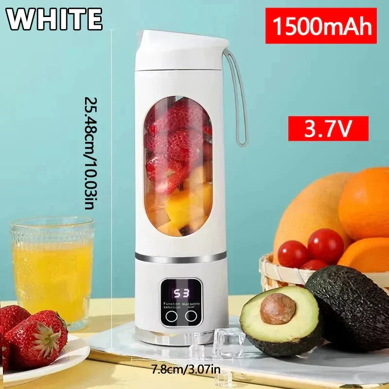 Juicer Cup - White portable personal blender displayed with surrounding fresh fruit, a glass of orange juice, and size/battery specs labeled.