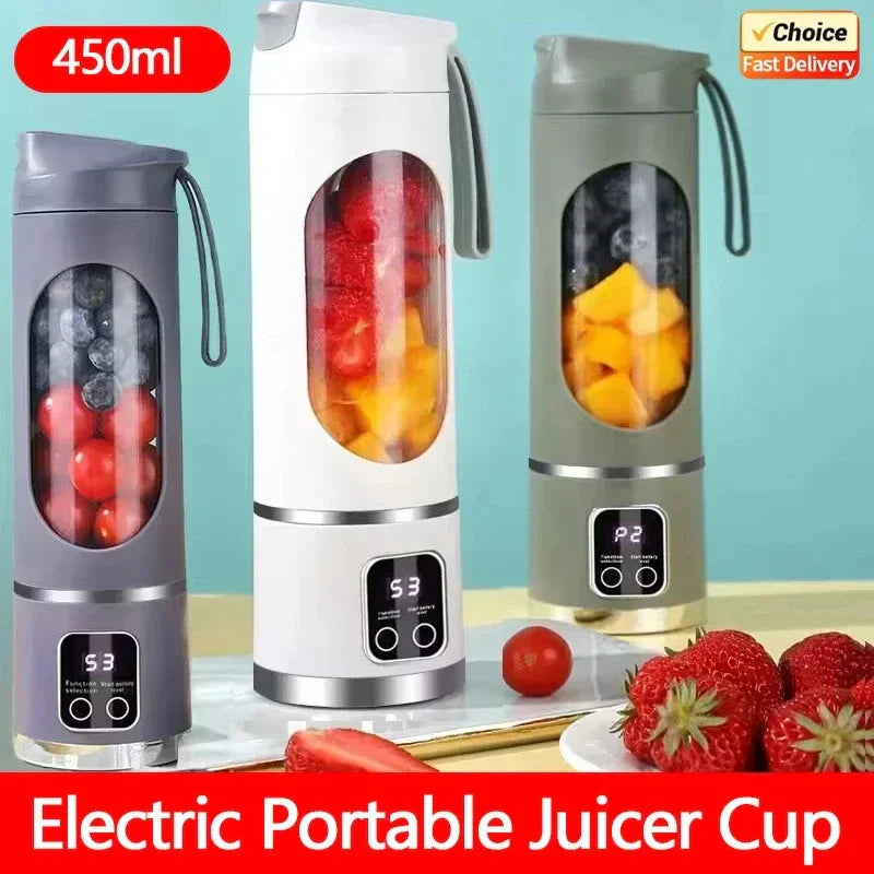 Juicer Cup - Three color variants of the cordless blender, each filled with cut fresh fruit, displayed next to whole fresh produce