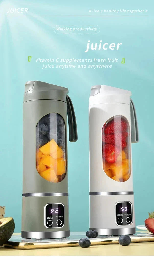 Juicer Cup - Two portable juicers in green and white rest on a surface, one holding mango and blueberries, the other mango and strawberries
