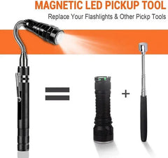 Magnetic Pickup Tools - LED magnetic pickup tool shown with an equal sign and a separate flashlight plus extendable magnetic pickup tool, with lit LED head on a flexible neck.