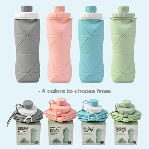 Botella de agua plegable de silicona: cuatro botellas de agua plegables de silicona en gris, rosa, azul y verde, mostradas llenas y plegadas, con texto que dice "4 colores para elegir"