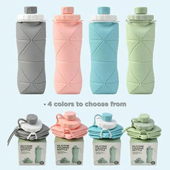 Botella de agua plegable de silicona: cuatro botellas de agua plegables de silicona en gris, rosa, azul y verde, mostradas llenas y plegadas, con texto que dice "4 colores para elegir"