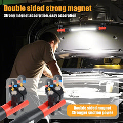 Led Work Light - Dual-sided strong magnetic base attached to a car hood while a user works under the hood