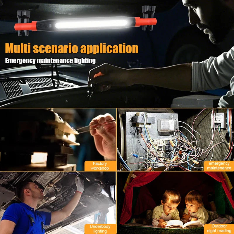 LED work light in multiple use scenarios: car hood repair, workshop, electrical work, under-vehicle work, and tent reading.