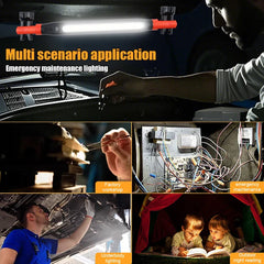 LED work light in multiple use scenarios: car hood repair, workshop, electrical work, under-vehicle work, and tent reading.