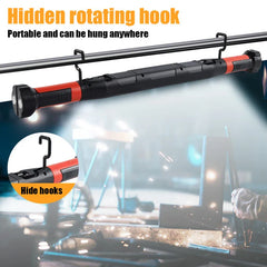 Led Work Light - Hidden rotating hook hanging the light from a metal bar for hands-free use