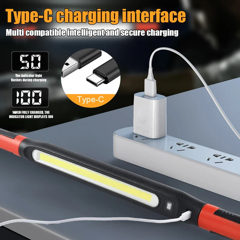 Led Work Light - Rechargeable slim work light plugged into a power strip via Type-C cable, showing charging indicator and Type-C connector closeup