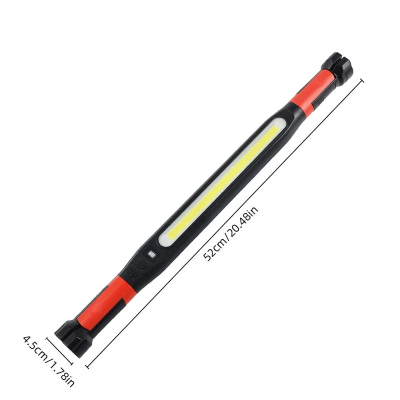 Led Work Light - Long slim work light with black and red casing, marked 52cm/20.48in length and 4.5cm/1.78in end width, showing its side COB light panel