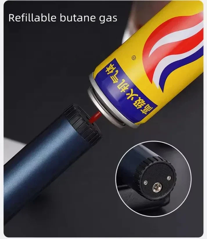 Jet Lighter - Blue torch lighter refilled with butane from a yellow gas can, inset shows the fill valve on the lighter's base.