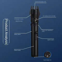 Jet Lighter - Annotated diagram of a black pen-shaped torch lighter labeling its various component parts.
