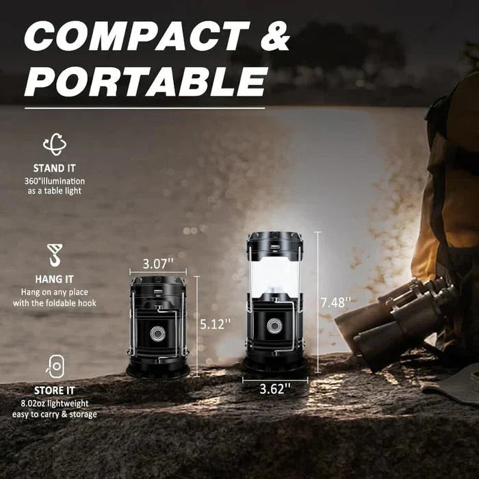 Camping Lantern - compact portable size infographic with collapsed and extended dimensions on rocky outdoor surface