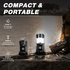 Camping Lantern - compact portable size infographic with collapsed and extended dimensions on rocky outdoor surface