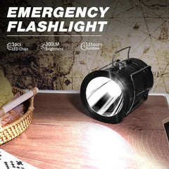 Camping Lantern - flashlight mode lit on wooden table with 300LM brightness and 11-hour runtime specs