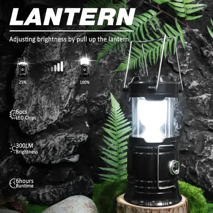 Lit black camping lantern on a wood stump, text reads LANTERN, with brightness adjustment, LED chip, brightness, and runtime specifications displayed