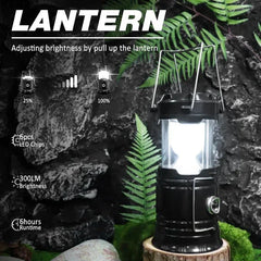 Lit black camping lantern on a wood stump, text reads LANTERN, with brightness adjustment, LED chip, brightness, and runtime specifications displayed