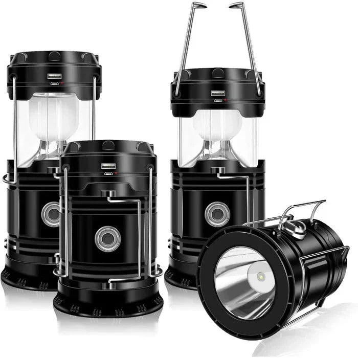 Camping Lantern - 4-pack black collapsible lantern set, extended and collapsed views with flashlight mode