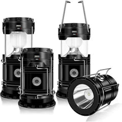 Camping Lantern - 4-pack black collapsible lantern set, extended and collapsed views with flashlight mode
