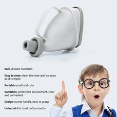 Gray portable travel urinal beside list of feature text and young boy in glasses pointing upward