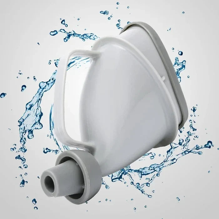 Portable Travel Urinal - White and gray travel urinal surrounded by blue water splashes on a light background