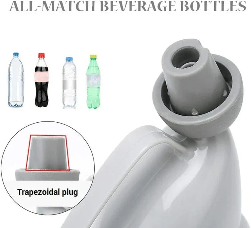 Portable Travel Urinal - Top text ALL-MATCH BEVERAGE BOTTLES over diagram of trapezoidal plug on travel urinal adapter and 4 plastic beverage bottles