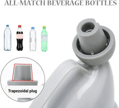 Portable Travel Urinal - Top text ALL-MATCH BEVERAGE BOTTLES over diagram of trapezoidal plug on travel urinal adapter and 4 plastic beverage bottles