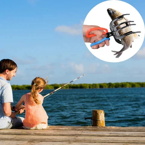 Fishing Pliers - Fishing scene with inset circle showing a claw gripper holding a fish by its body
