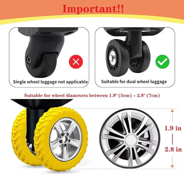 Luggage Suitcase Wheels Protection Covers - Diagram showing single wheel luggage is incompatible, dual wheel luggage is compatible, with 1.9 to 2.8 inch wheel diameter range