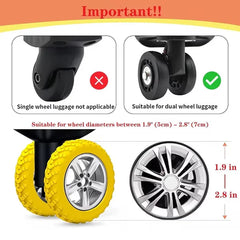 Luggage Suitcase Wheels Protection Covers - Diagram showing single wheel luggage is incompatible, dual wheel luggage is compatible, with 1.9 to 2.8 inch wheel diameter range