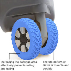 Luggage Suitcase Wheels Protection Covers - Close-up of blue textured wheel covers on dual luggage wheels with two labeled feature callouts