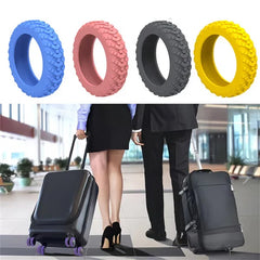 Luggage Suitcase Wheels Protection Covers - Four colored treaded wheel covers displayed above travelers pulling rolling suitcases in an airport terminal