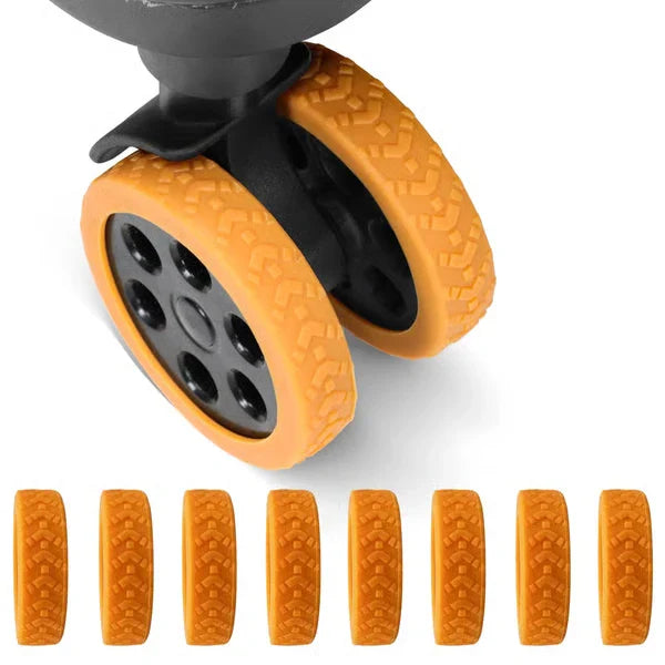 Luggage Suitcase Wheels Protection Covers - Orange silicone luggage wheel protectors installed on a dual spinner wheel, with 8 loose protectors displayed below.