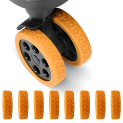 Luggage Suitcase Wheels Protection Covers - Orange silicone luggage wheel protectors installed on a dual spinner wheel, with 8 loose protectors displayed below.