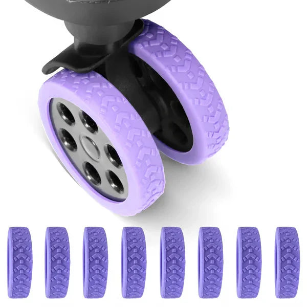 Luggage Suitcase Wheels Protection Covers - Purple silicone luggage wheel protectors installed on a dual spinner wheel, with 8 loose protectors displayed below.
