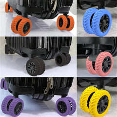Luggage Suitcase Wheels Protection Covers - Six close-up views of luggage casings fitted with colored textured wheel covers in orange, blue, black, pink, purple, and yellow