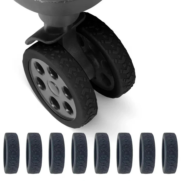 Luggage Suitcase Wheels Protection Covers - Close-up of a dual-wheel luggage caster with treaded tires, showing eight matching spare caster tires aligned below