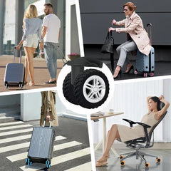 Luggage Suitcase Wheels Protection Covers - Collage showing colored wheel covers on luggage and an office chair across travel and daily use scenes