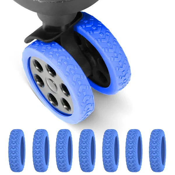 Luggage Suitcase Wheels Protection Covers - Blue silicone luggage wheel protectors installed on a dual spinner wheel, with 8 loose protectors displayed below.