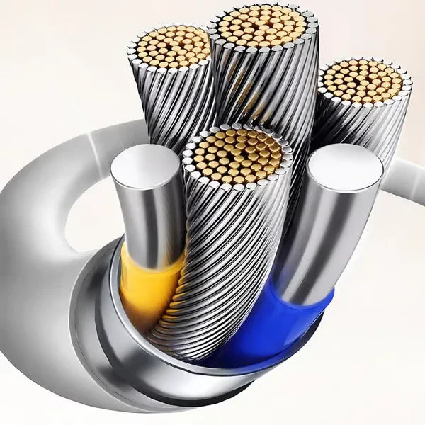 Close-up cross-section of multi-strand conductive wire bundles inside a cable sheath