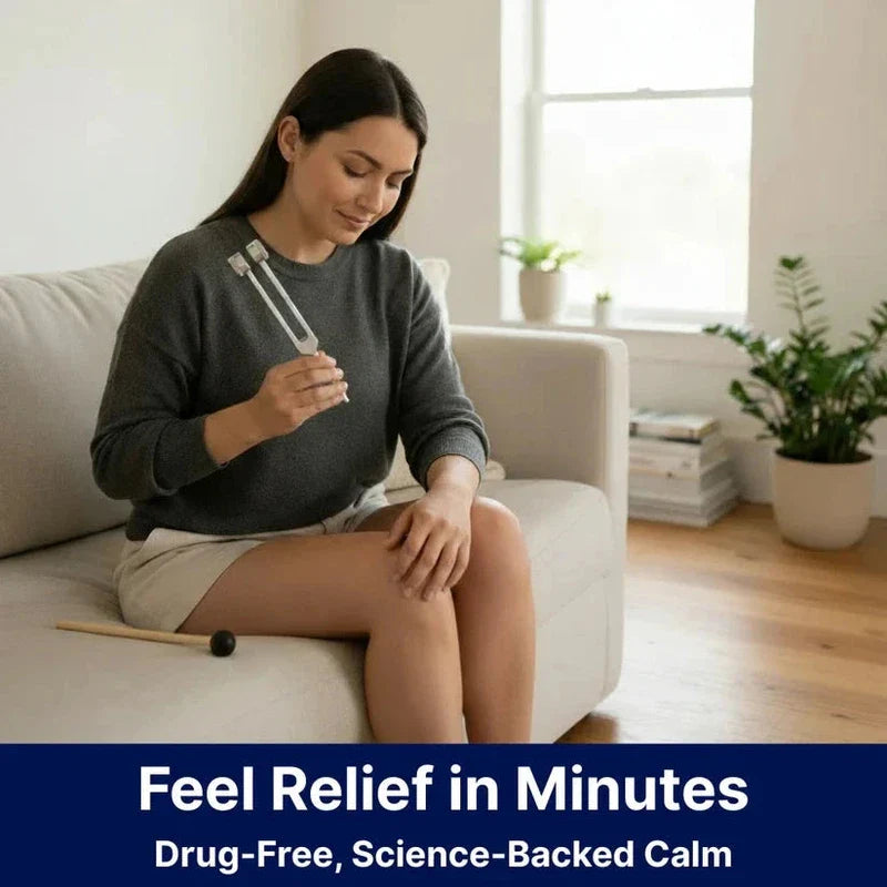 A woman sits on a sofa holding 128 hz healing instrument against her shoulder, mallet resting on the seat
