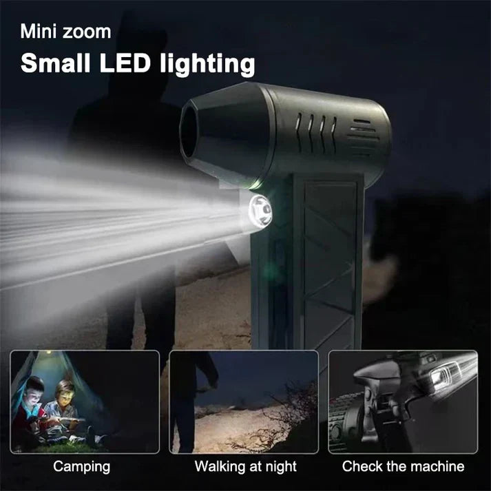 Sopladora turbo negra mostrada con haz de luz LED brillante encendido, sobre paneles de uso para acampar, caminar de noche y revisión de máquinas