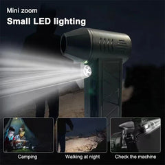 Sopladora turbo negra mostrada con haz de luz LED brillante encendido, sobre paneles de uso para acampar, caminar de noche y revisión de máquinas