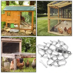 Wire Tensioner - Collage of three wooden chicken coops plus a set of wire tensioners and a small wrench