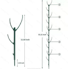Plant Support Stakes - Diagram of green plastic plant stakes with dimension labels, showing a single 11.02 inch stake and a 55.11 inch assembled 5-section stake.